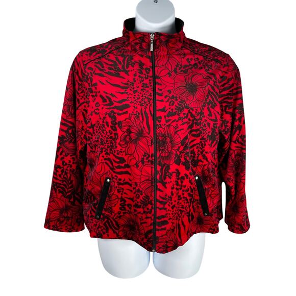 Allison Daley Jacket Womens PL Red Black Floral Butter Soft Velour Zip Up - Picture 1 of 6